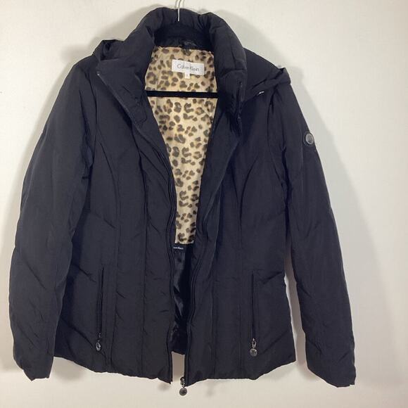 Calvin Klein Black Down Puffer Coat Hooded Large Black Leopard Print Lining Warm - Picture 2 of 13